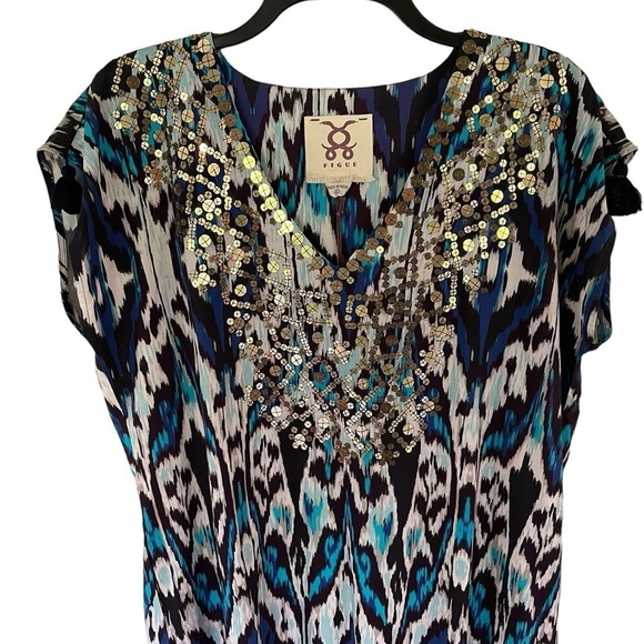 NWT Figue Anais Blue Ikat  Party Mini Dress Women's Sequins Fringe Size Small‎ - Picture 5 of 16